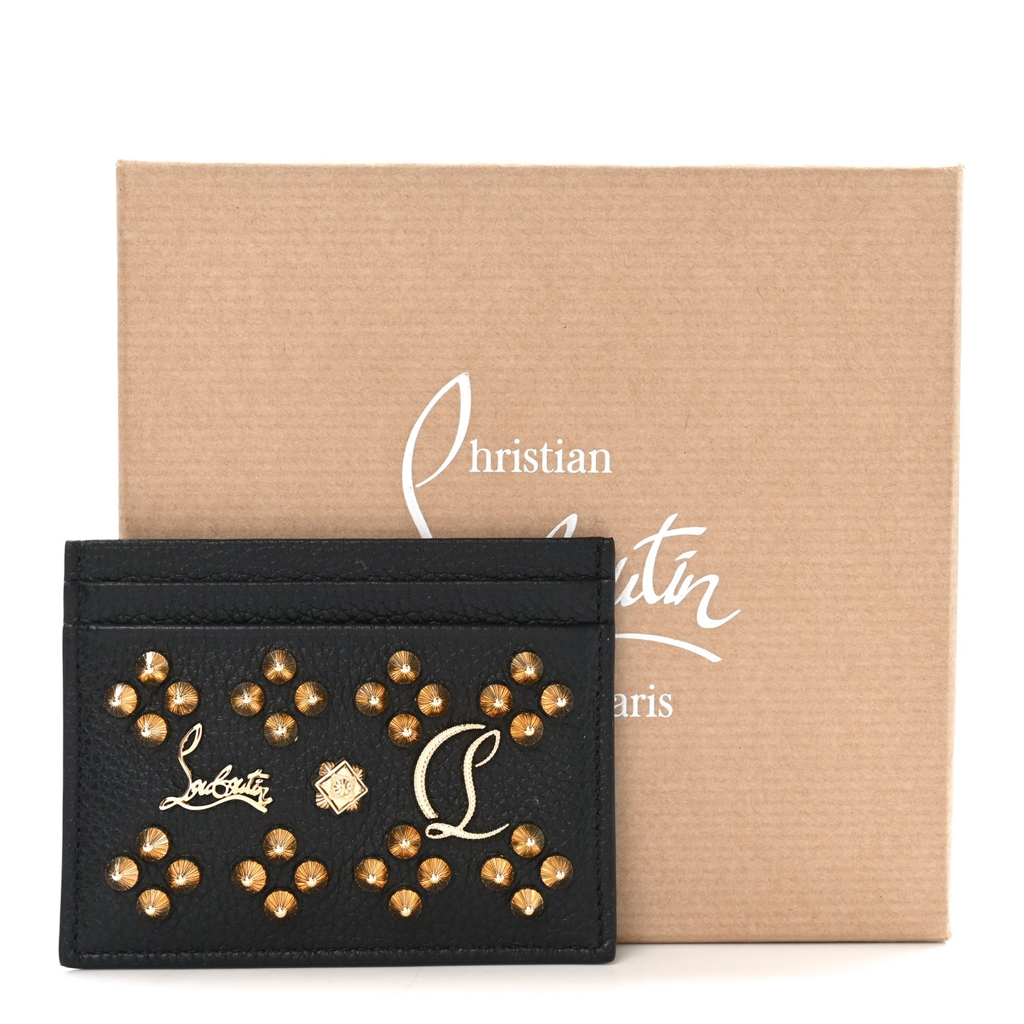 Calfskin Kios Studded Card Holder Black Gold
