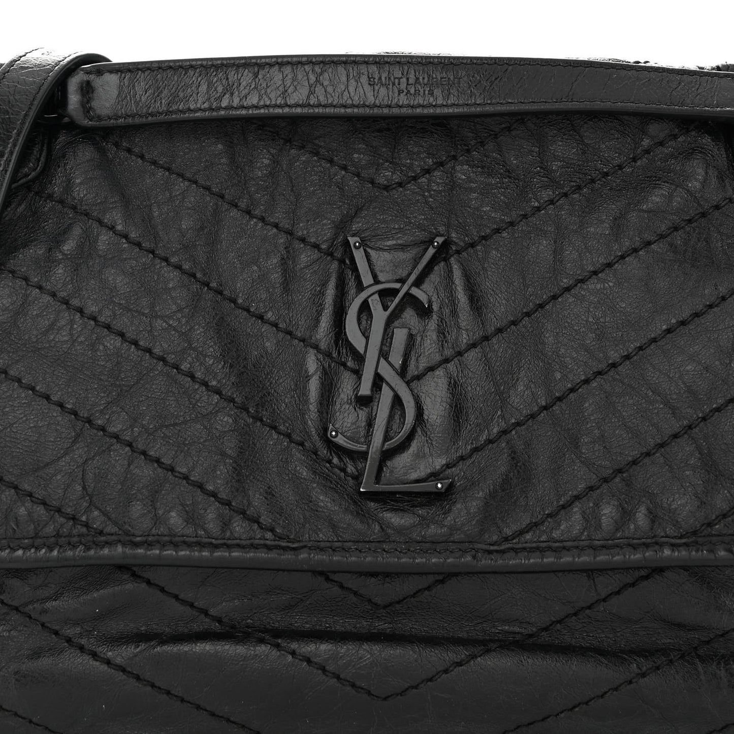Crinkled Calfskin Matelasse Monogram Medium Niki Chain Satchel Black