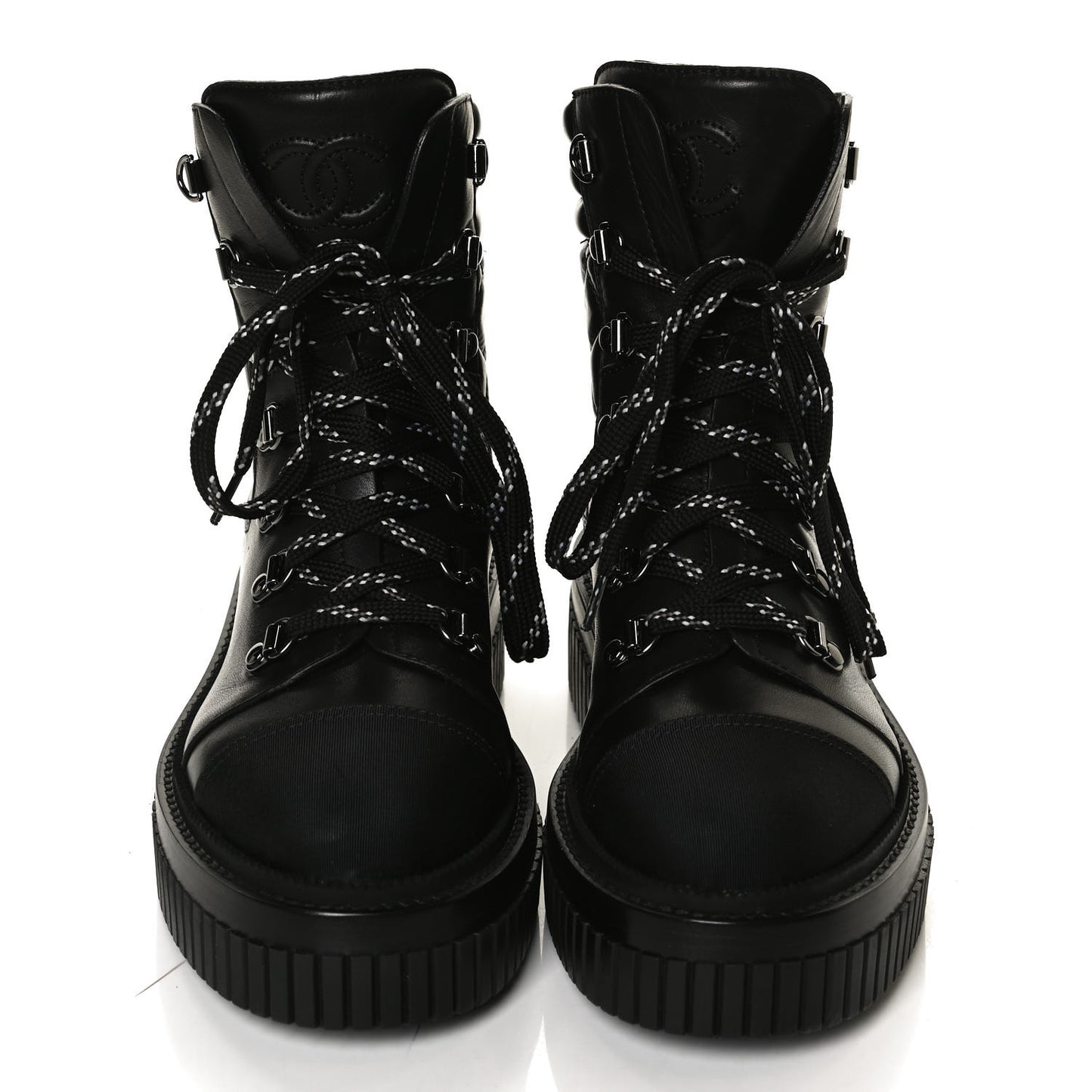 Calfskin Grosgrain Quilted Lace Up Boots 36.5 Black Grey