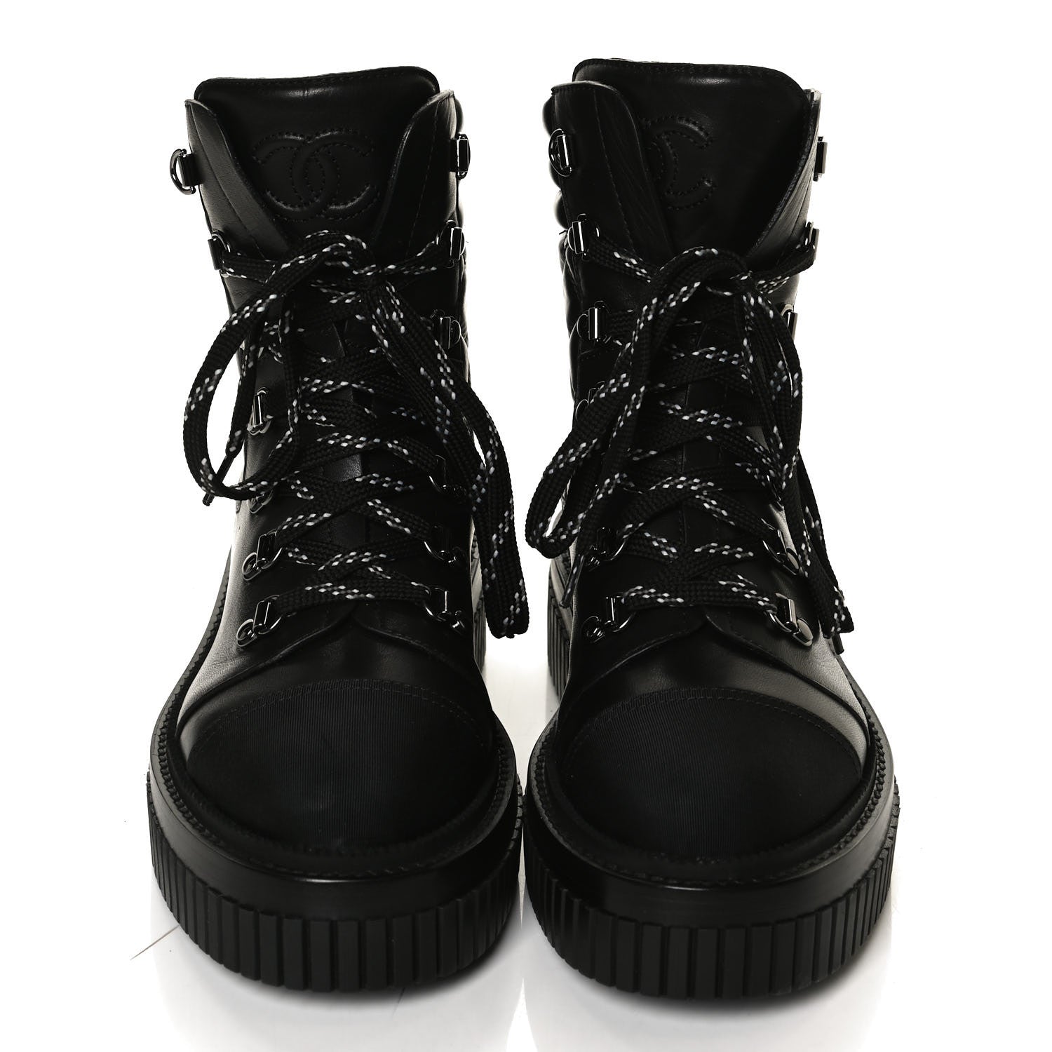 Chanel Calfskin Grosgrain Quilted Lace Up Boots 36.5 Black Grey 5 of 10