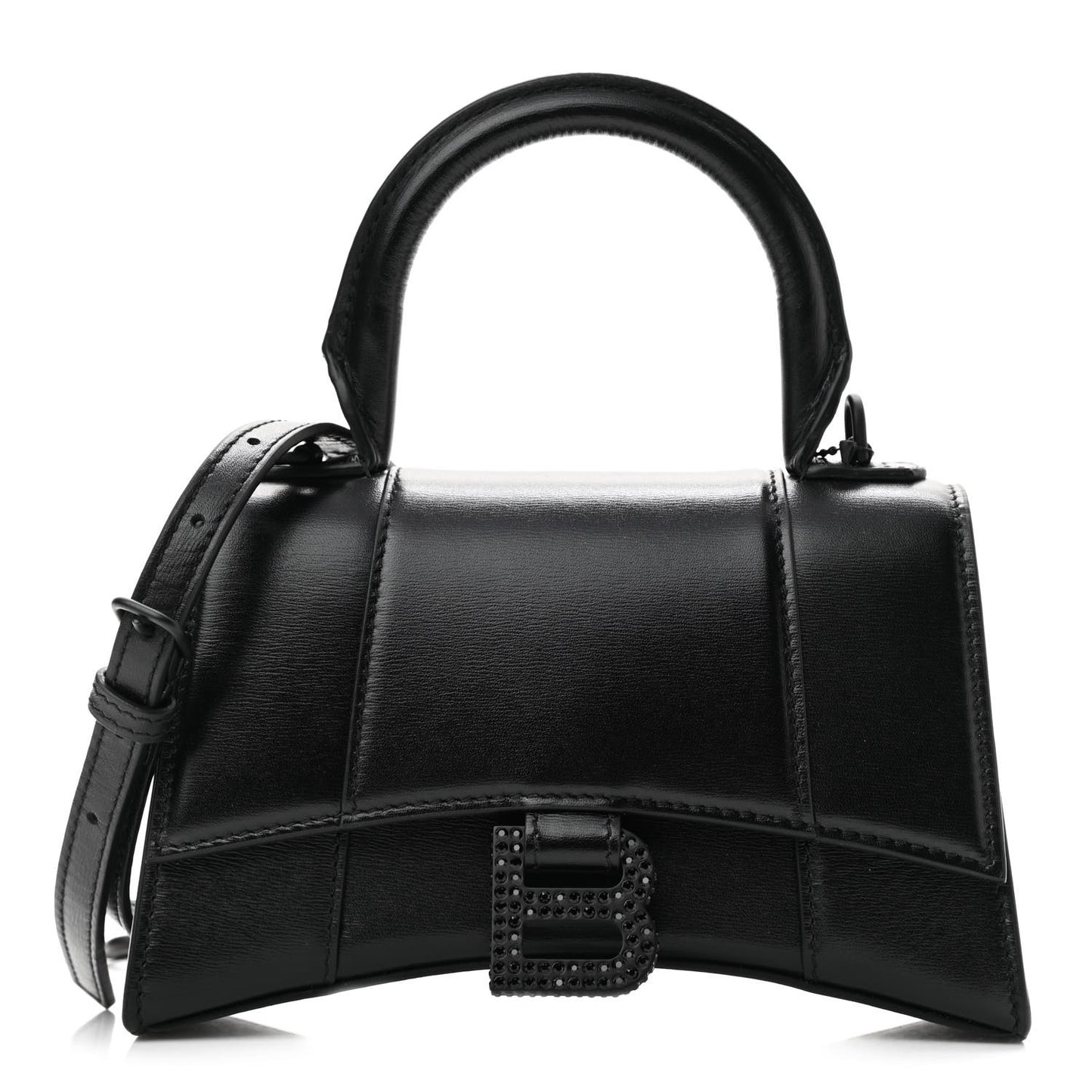 Shiny Box Calfskin Strass Hourglass Top Handle Bag XS Black