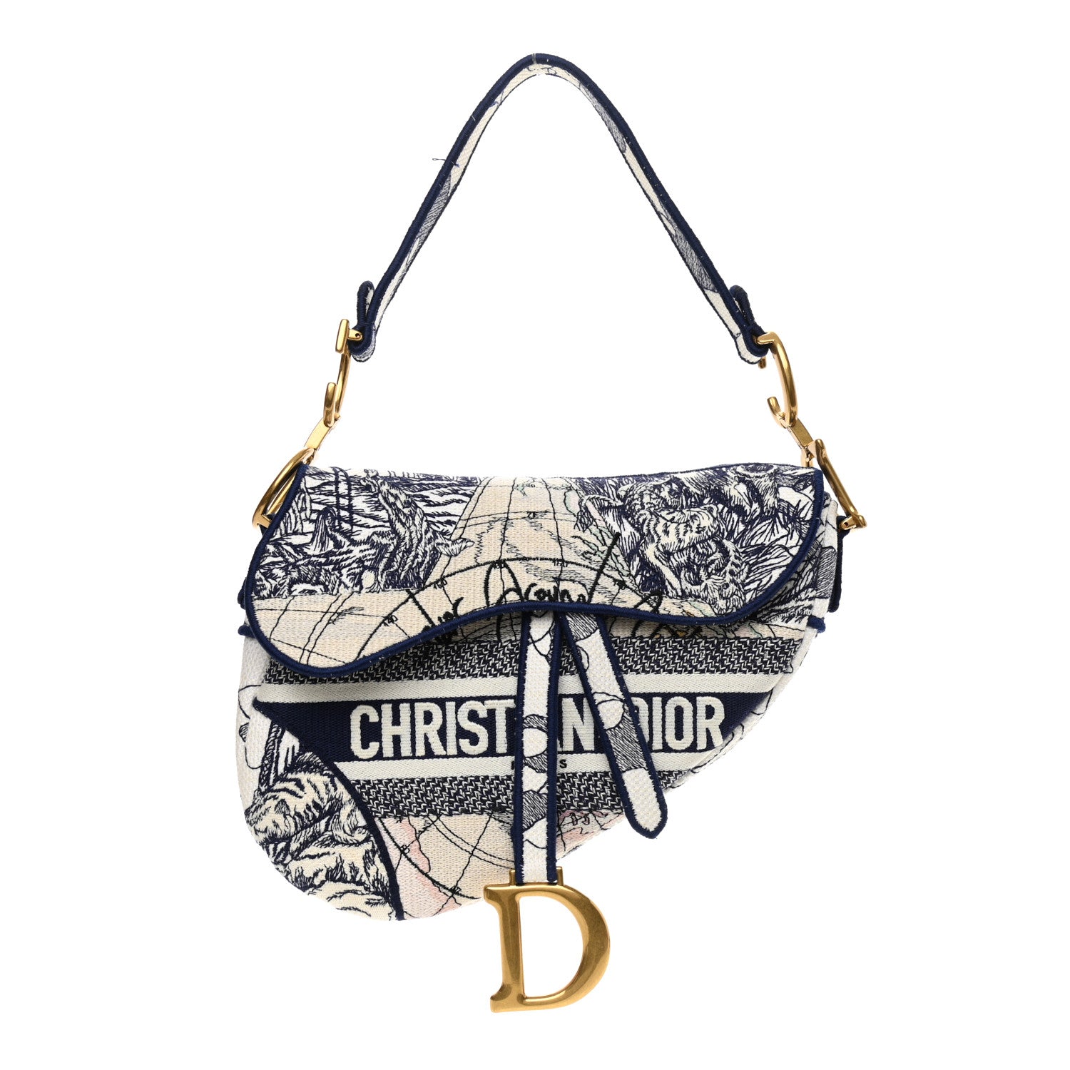 Christian Dior Canvas Embroidered Around the World Saddle Bag Blue 1 of 11