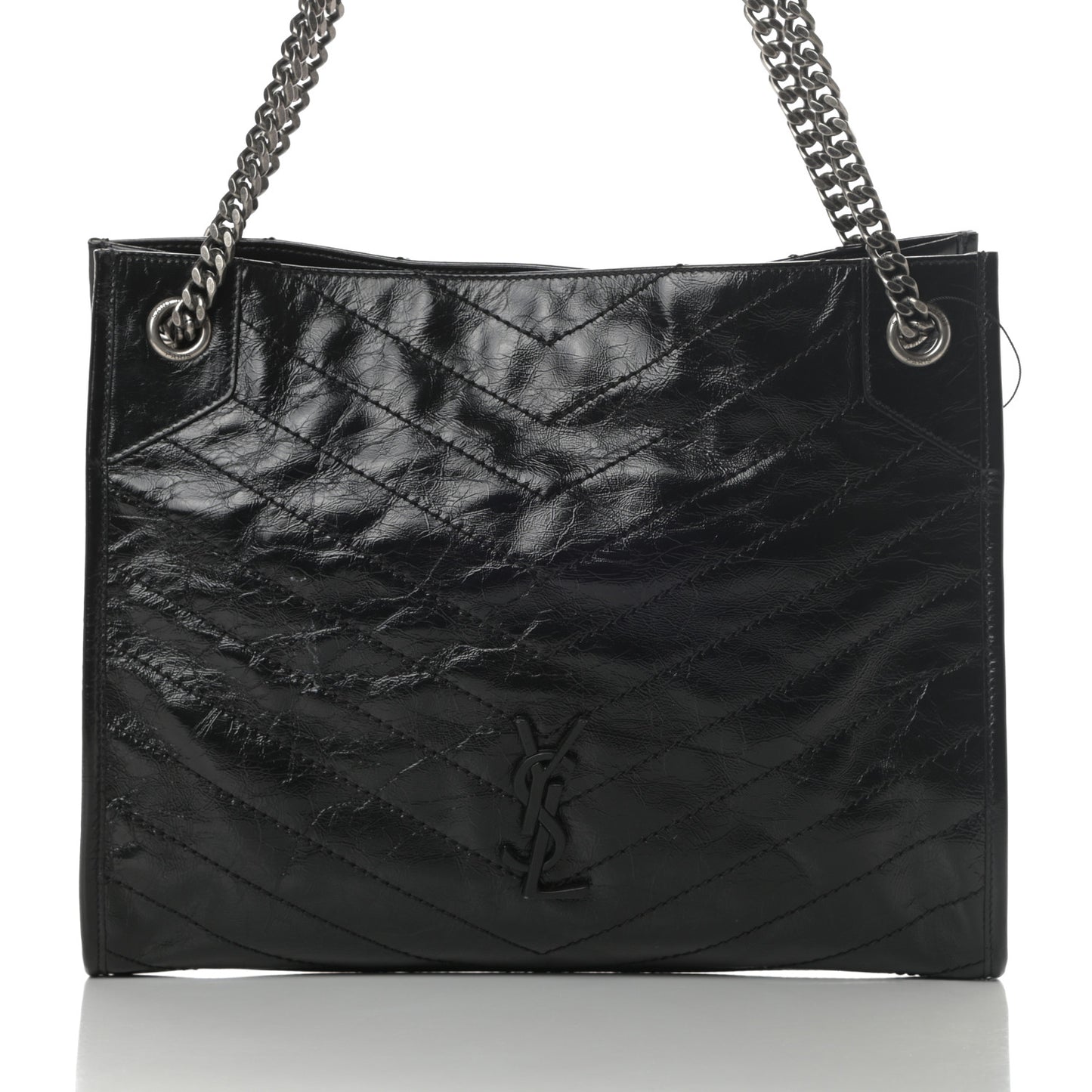 Crinkled Calfskin Matelasse Monogram Medium Niki Shopper Tote Black
