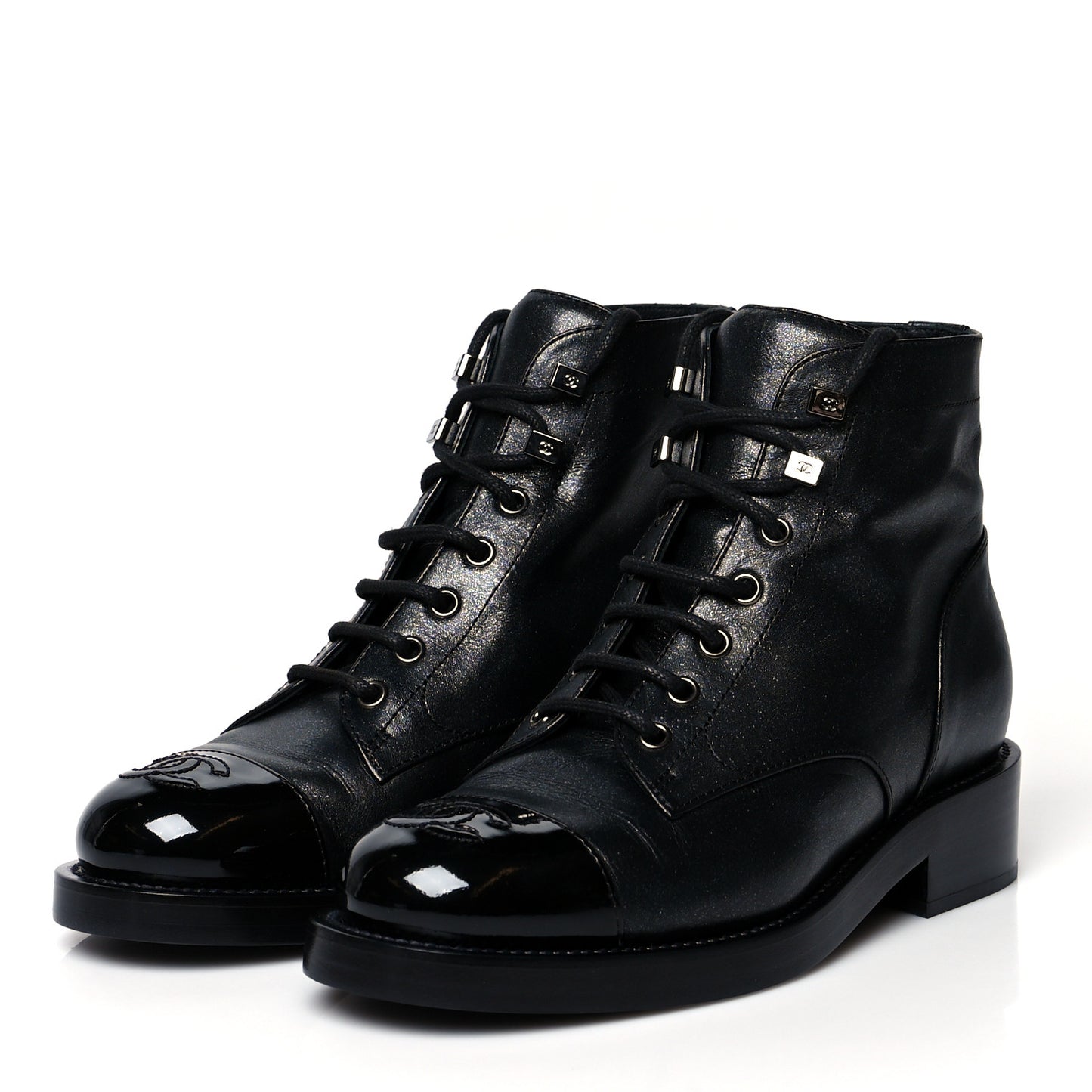 Iridescent Calfskin Patent Cap Toe Combat Boots 36 Black