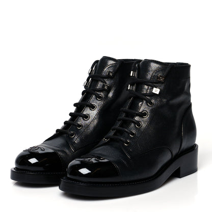Chanel Iridescent Calfskin Patent Cap Toe Combat Boots 36 Black 3 of 6