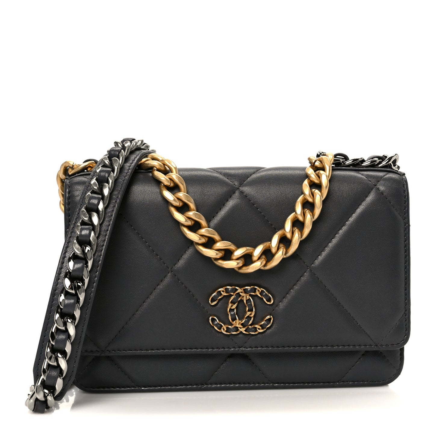 Lambskin Quilted Chanel 19 Wallet On Chain WOC Dark Grey