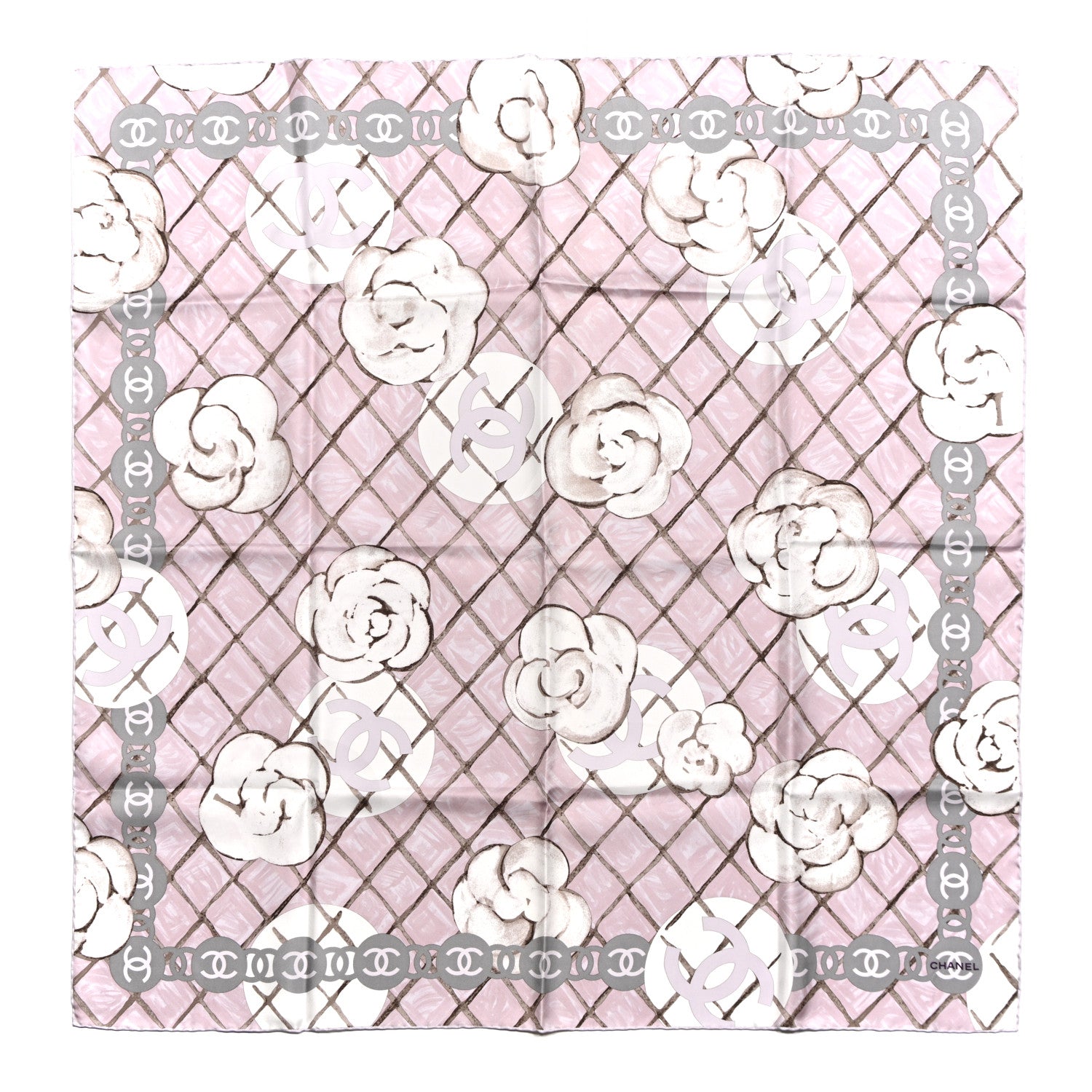 Chanel Silk CC Logo Camellia Scarf White Pink 1 of 3