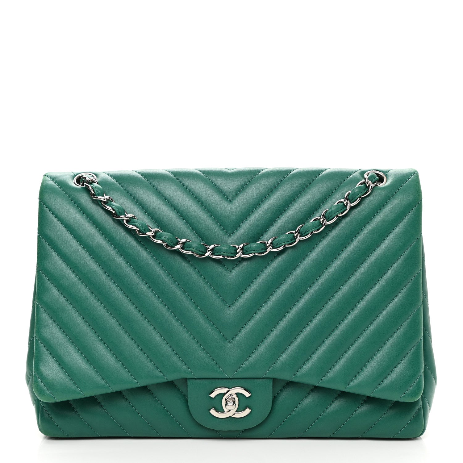 Chanel Lambskin Chevron Quilted Maxi Single Flap Green 1 of 15