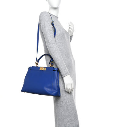 Fendi Vitello Morgan Fabric Jacquard Pequin Medium Peekaboo Iconic Satchel Blue Neon Tobacco 2 of 13