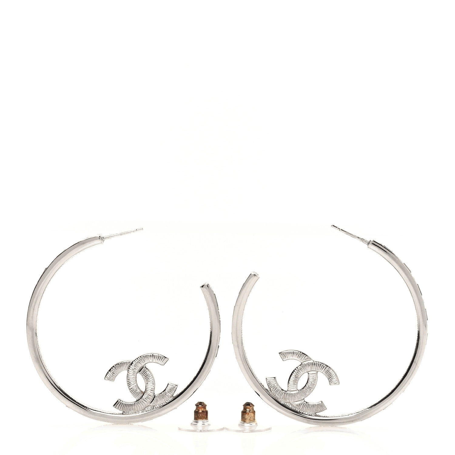 Chanel Metal Crystal Baguette CC Large Hoop Earrings Silver 3 of 5