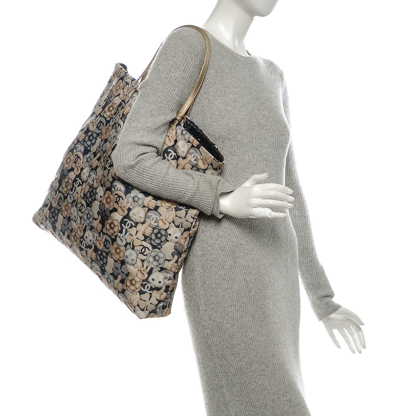 Nylon Cat Emoticon Tote Navy Gold