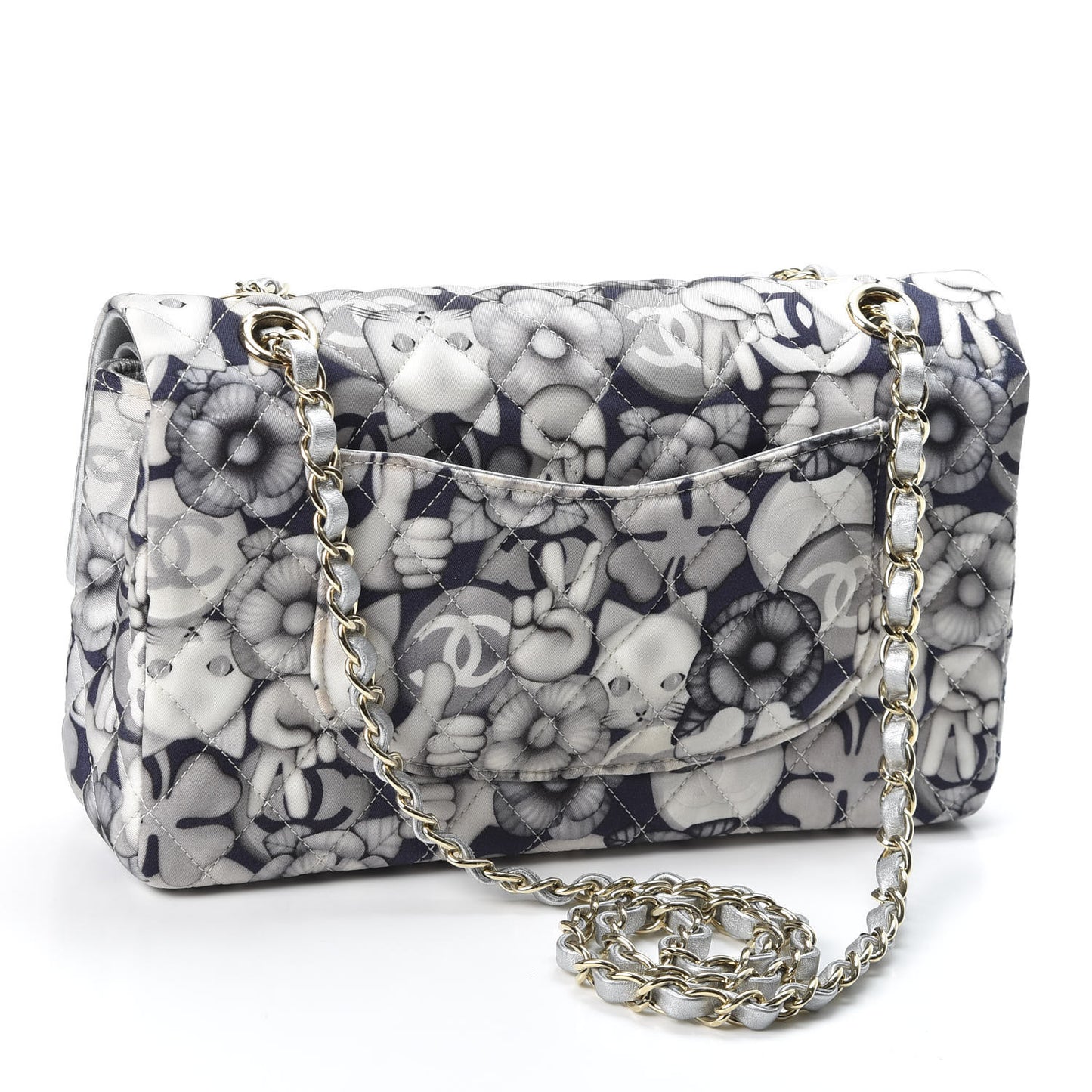 Nylon Quilted Medium Cat Emoticon Double Flap Navy Grey Ecru