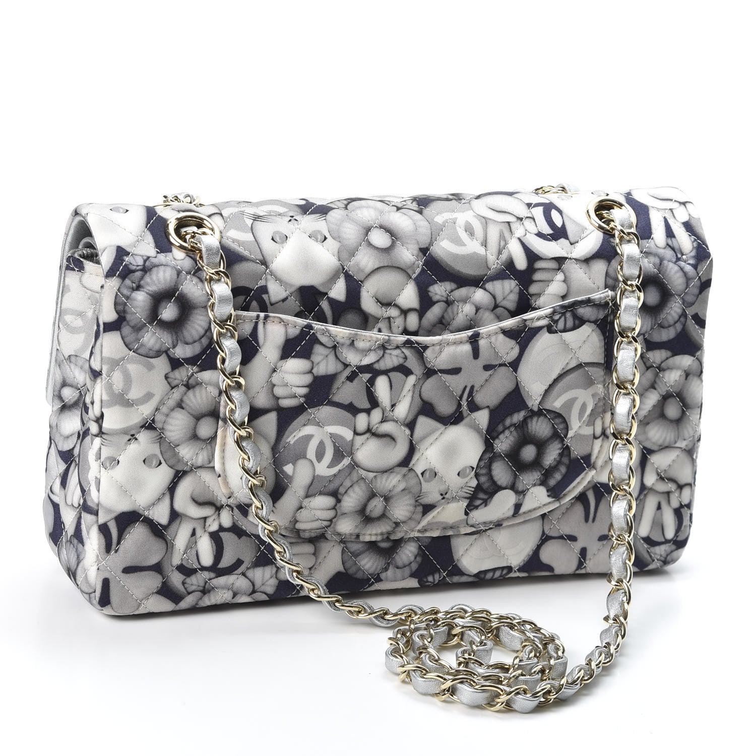 Chanel Nylon Quilted Medium Cat Emoticon Double Flap Navy Grey Ecru 2 of 10