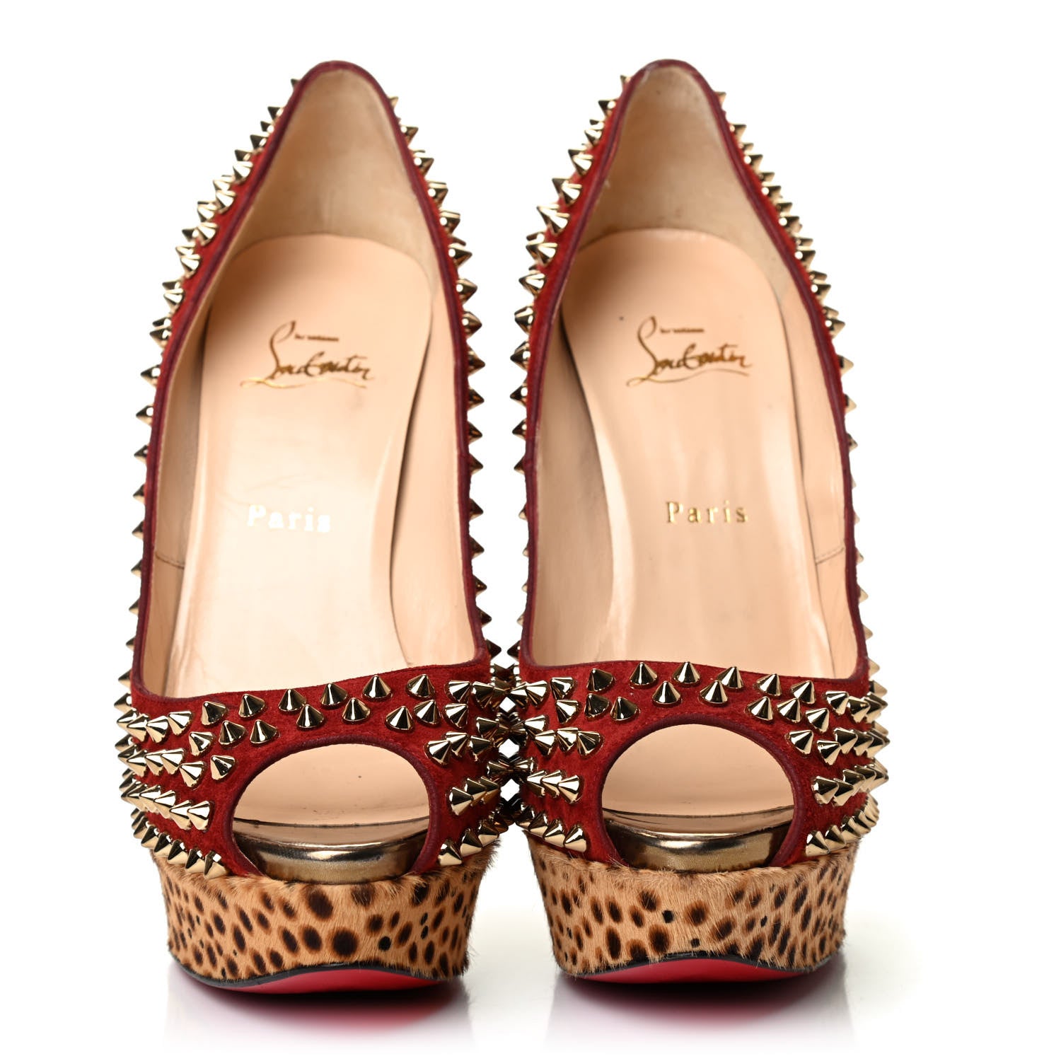 Christian Louboutin Veau Velours Calf Hair Leopard Lady Peep Spikes 150 Pumps 40 Red 2 of 9