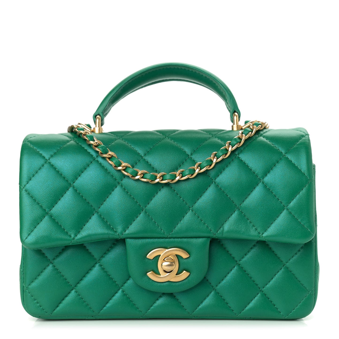 Iridescent Lambskin Quilted Mini Top Handle Rectangular Flap Green