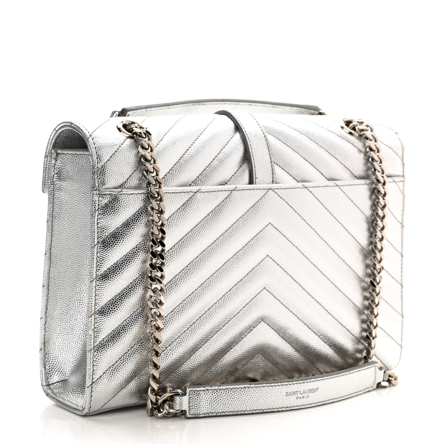 Saint Laurent Metallic Grain De Poudre Matelasse Chevron Medium Monogram Satchel Silver 3 of 11