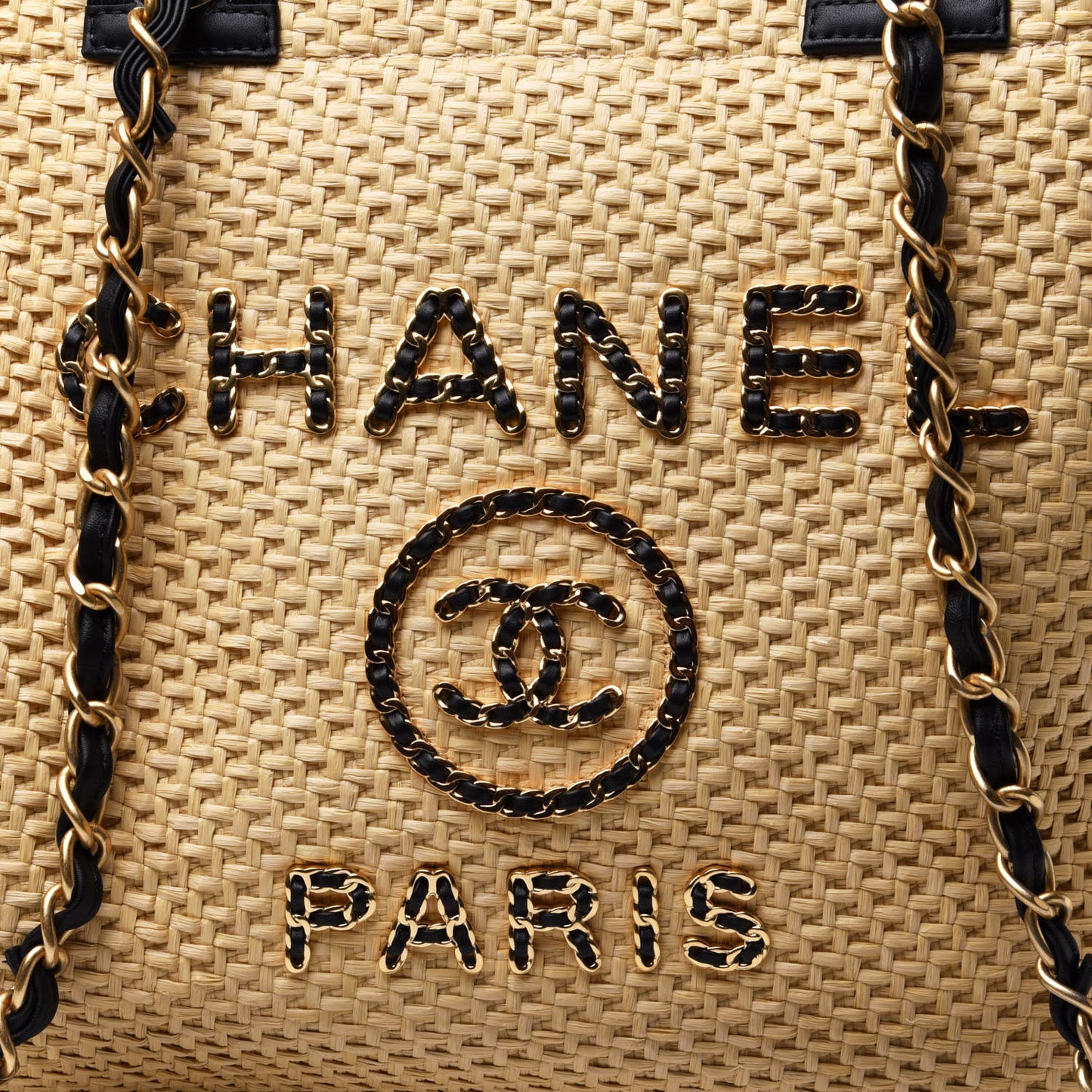 Straw Raffia Calfskin Chain Medium Deauville Tote Beige Black