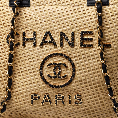 Chanel Straw Raffia Calfskin Chain Medium Deauville Tote Beige Black 9 of 11