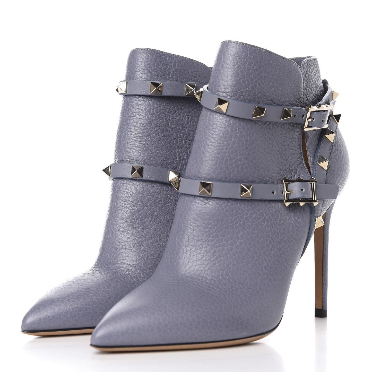 Pebbled Calfskin Rockstud Double Buckle 100mm Ankle Boots 37 Light Stone