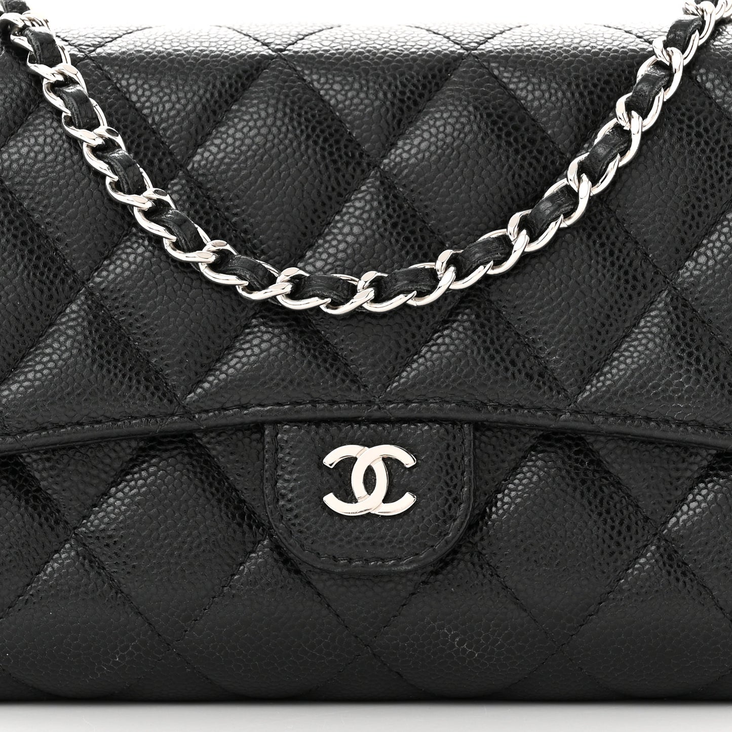 Caviar Quilted Phone Holder Wallet on Removable Chain Black