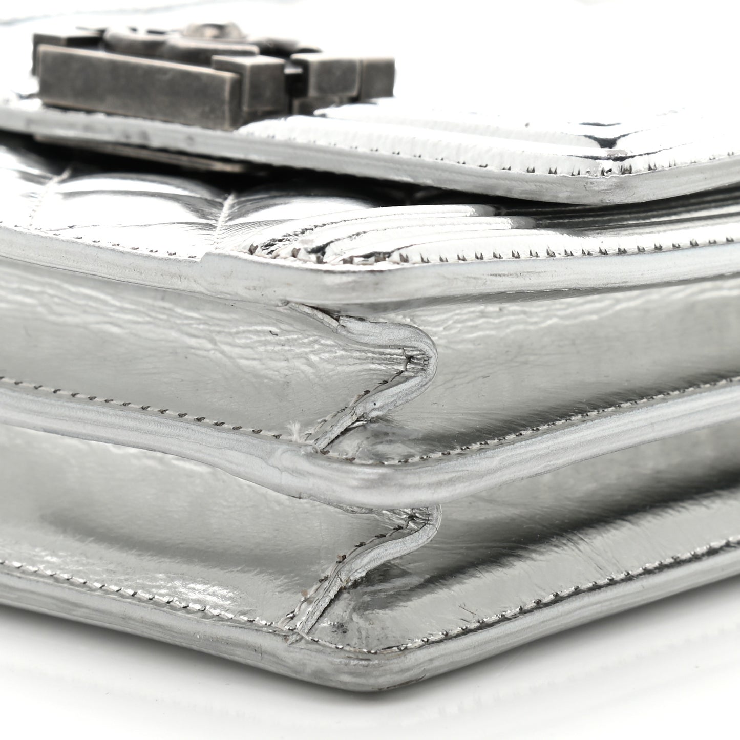 Metallic Goatskin Quilted North South Boy Flap Silver