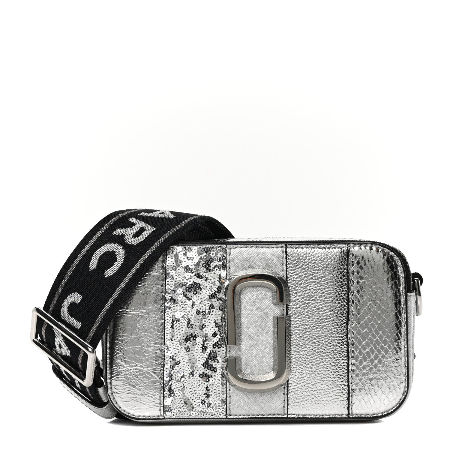 Marc Jacobs Metallic Sequin Snake Embossed Calfskin Stripe Snapshot Camera Bag Silver 1 of 10