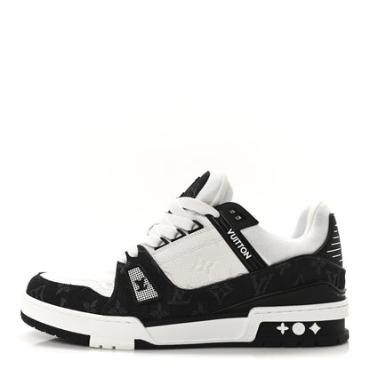 Louis Vuitton Calfskin Monogram Denim Mens LV Trainer Sneakers 9 Black 1 of 8