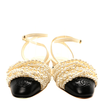 Chanel Lambskin Pearl Slingbacks 37.5 Ivory Black 3 of 9