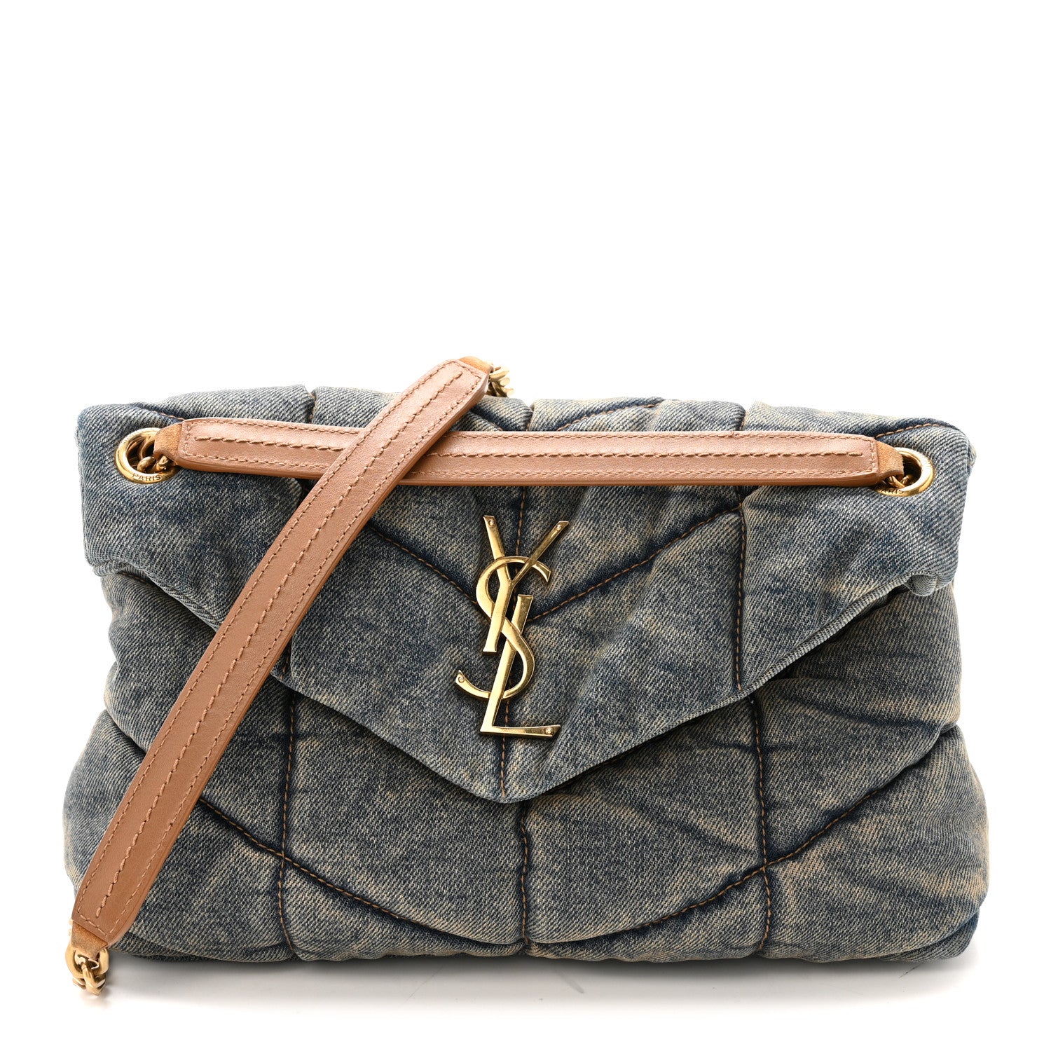 Saint Laurent Denim Quilted Small Loulou Puffer Monogram Chain Satchel Blue Cinnamon 1 of 14