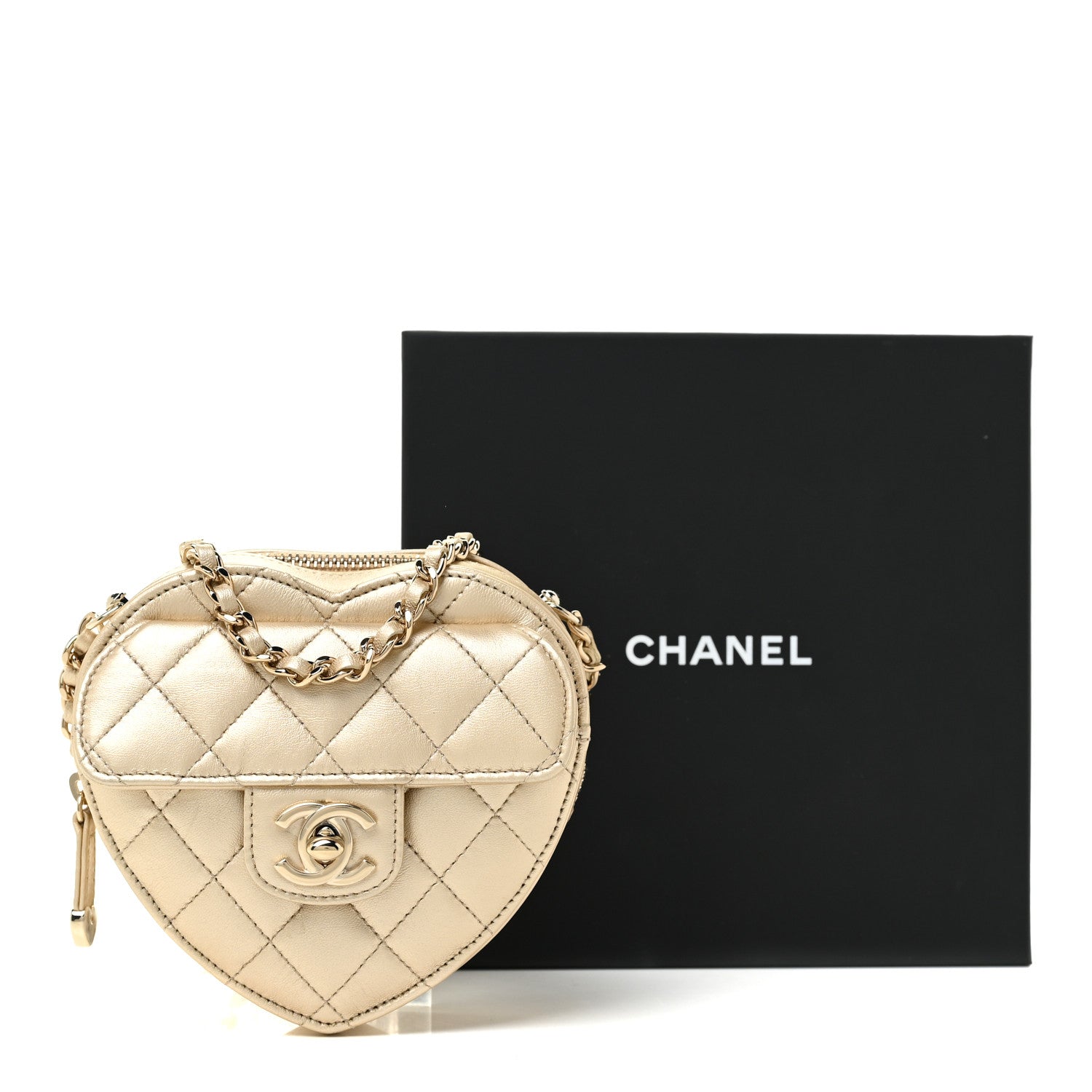 Chanel Metallic Lambskin Quilted CC In Love Heart Clutch With Chain Gold 12 of 12