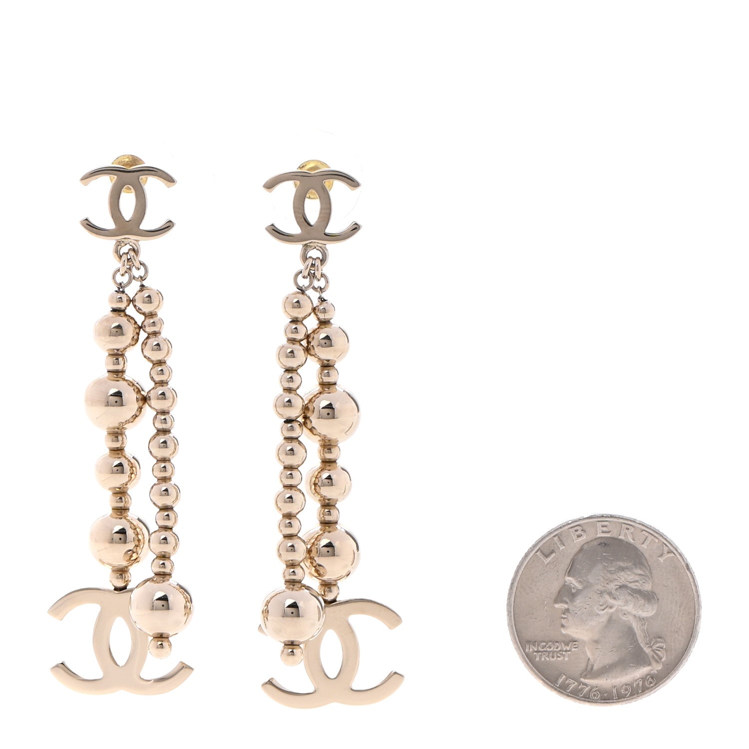 Chanel Metal CC Bead Drop Earrings Gold 2 of 5