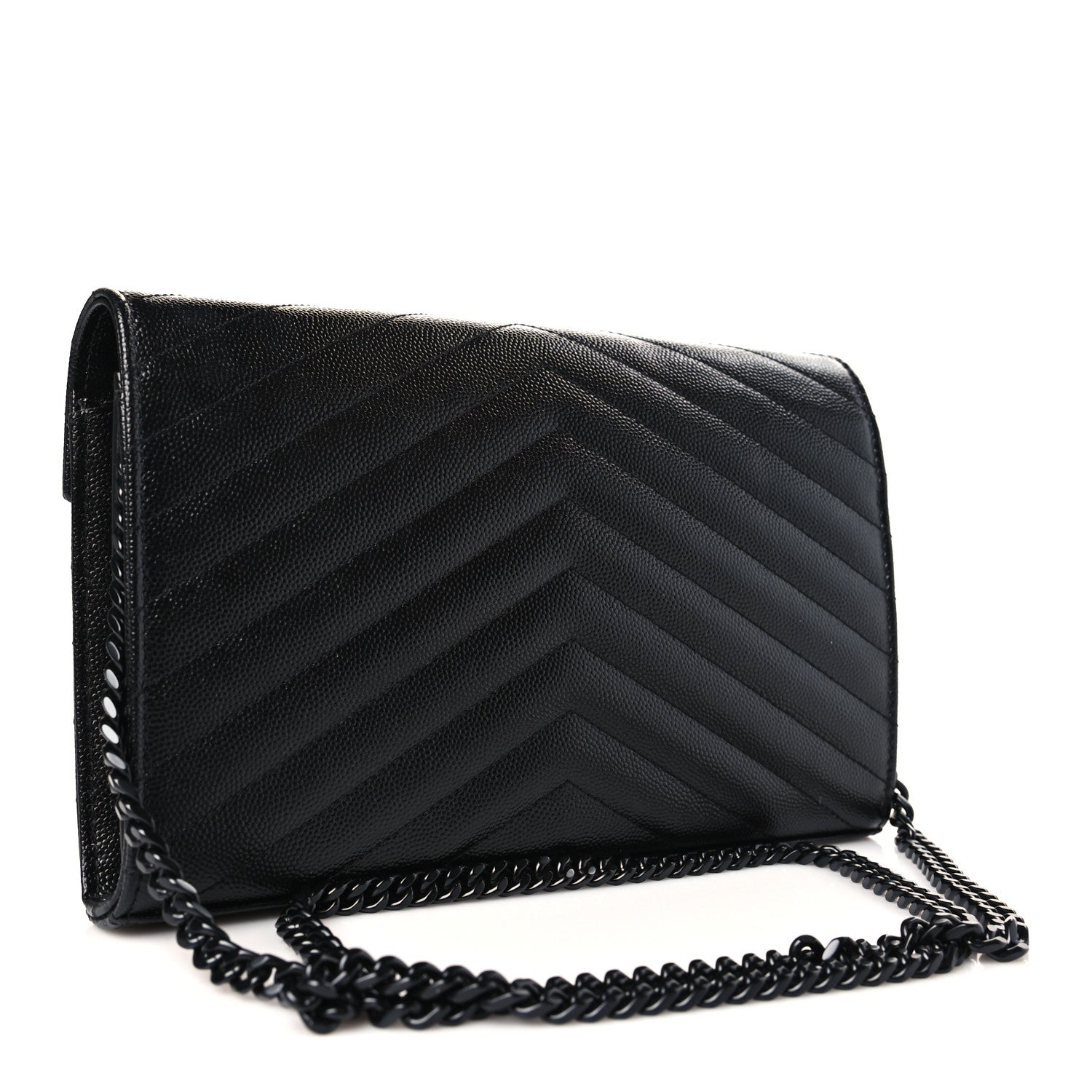 Saint Laurent Grain De Poudre Matelasse Chevron Monogram Monochrome Chain Wallet Black 3 of 8