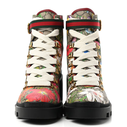 Gucci GG Supreme Monogram Flora Lace Up Combat Ankle Boots 39.5 Beige Multicolor Red 2 of 11
