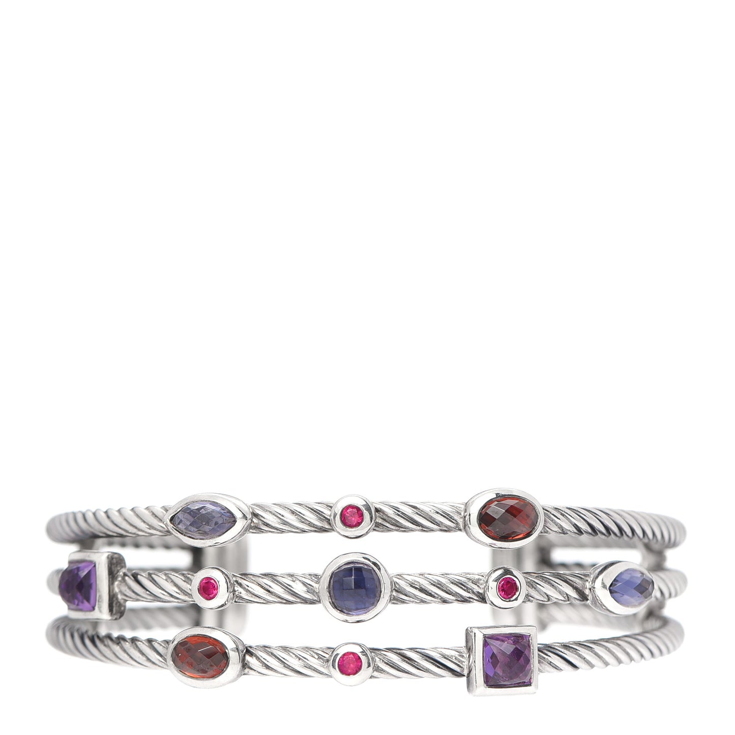 Sterling Silver Iolite Garnet Amethyst Ruby Three Row Confetti Cuff Bracelet