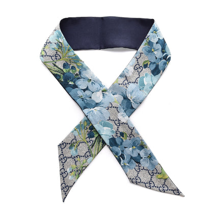 Gucci Silk Twill GG Monogram Bloomy GG Neck Bow Scarf Midnight Blue Sky Blue 1 of 4