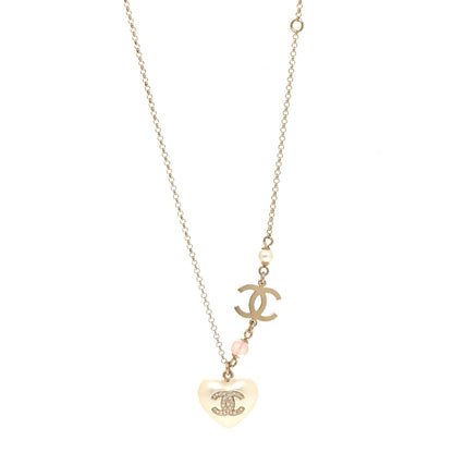 Chanel Resin Crystal CC Heart Necklace Pearly White Gold 1 of 5