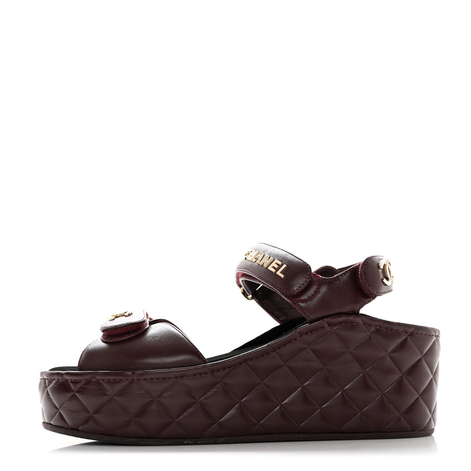 Chanel Shiny Calfskin Logo Platform Sandals 39 Burgundy 1 of 8