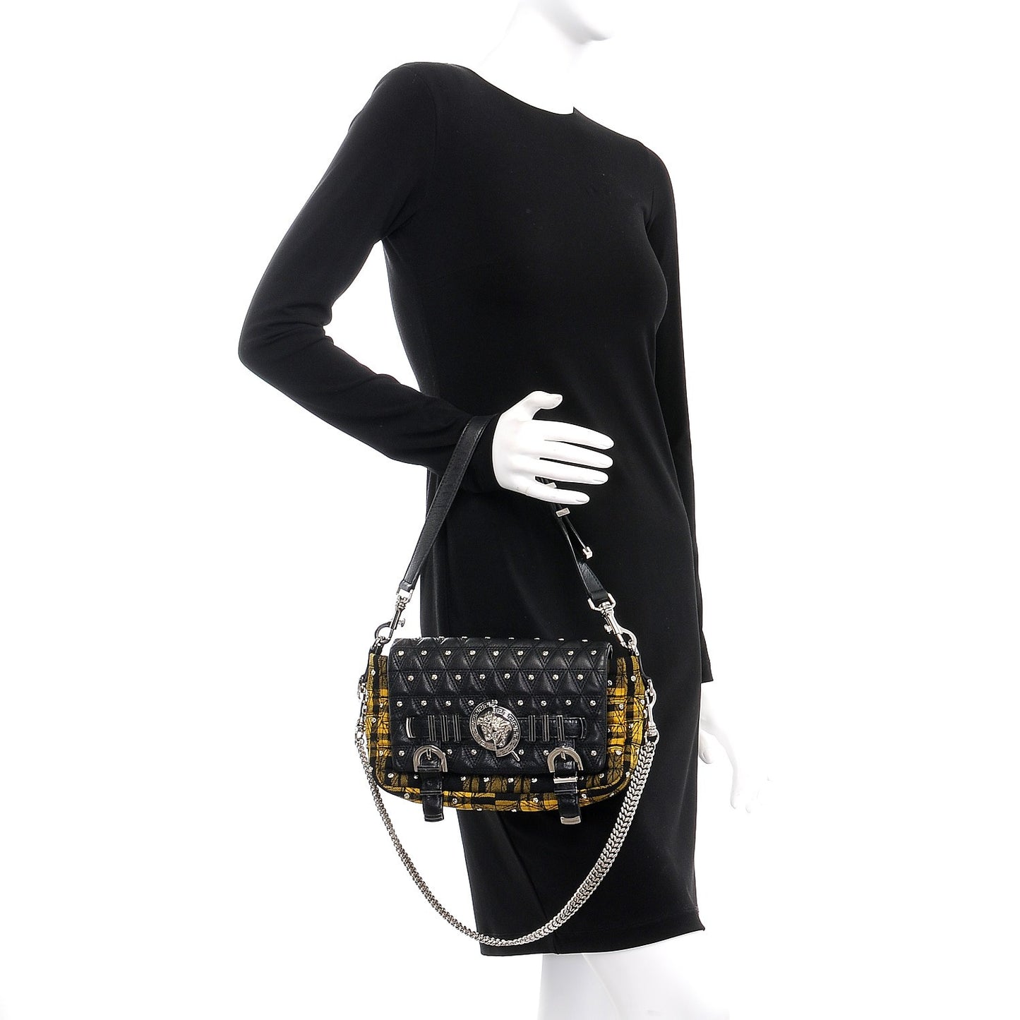 Calfskin Tartan Studded Medusa Chain Flap Bag Yellow