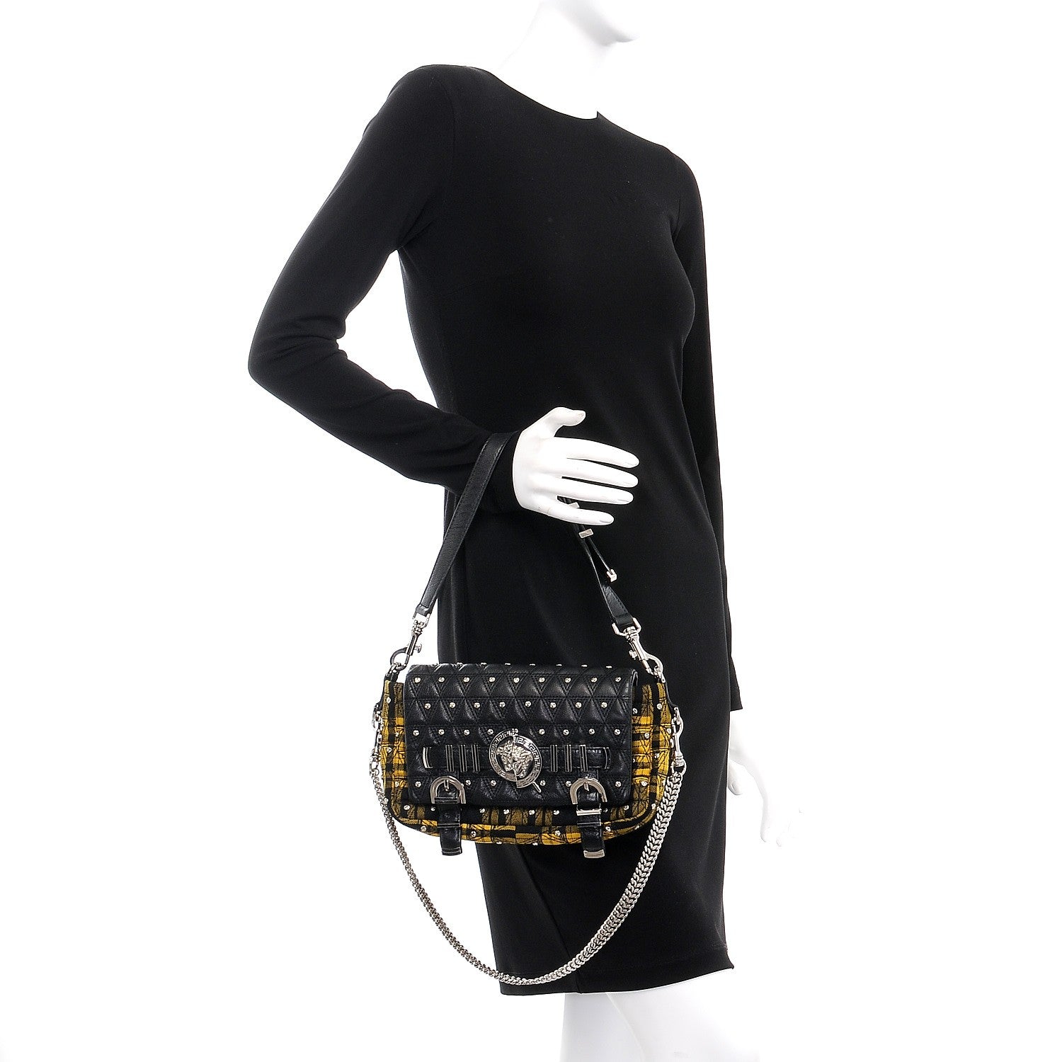 Versace Calfskin Tartan Studded Medusa Chain Flap Bag Yellow 2 of 7
