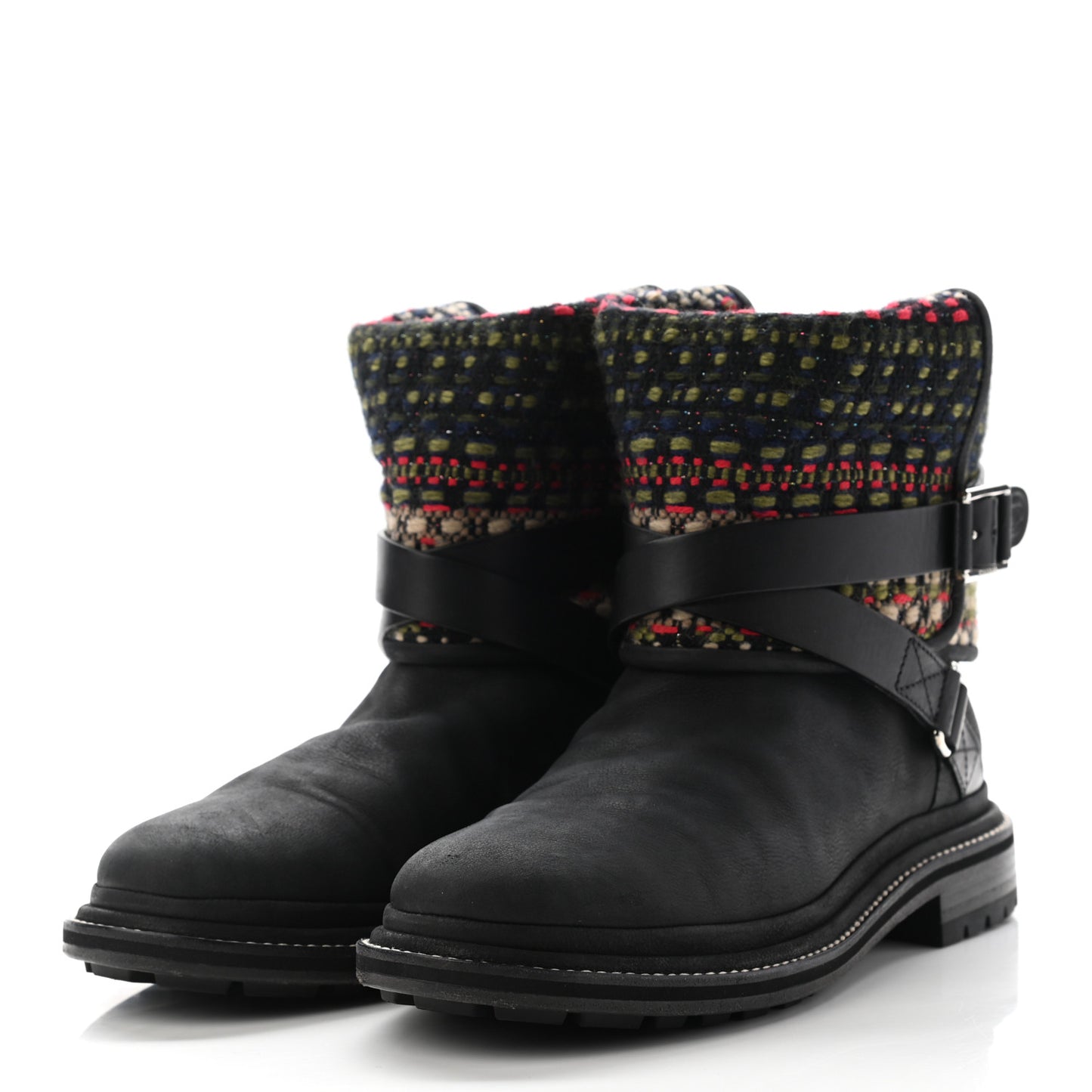 Tweed Calfskin CC Short Boots 36.5 Black Green Red