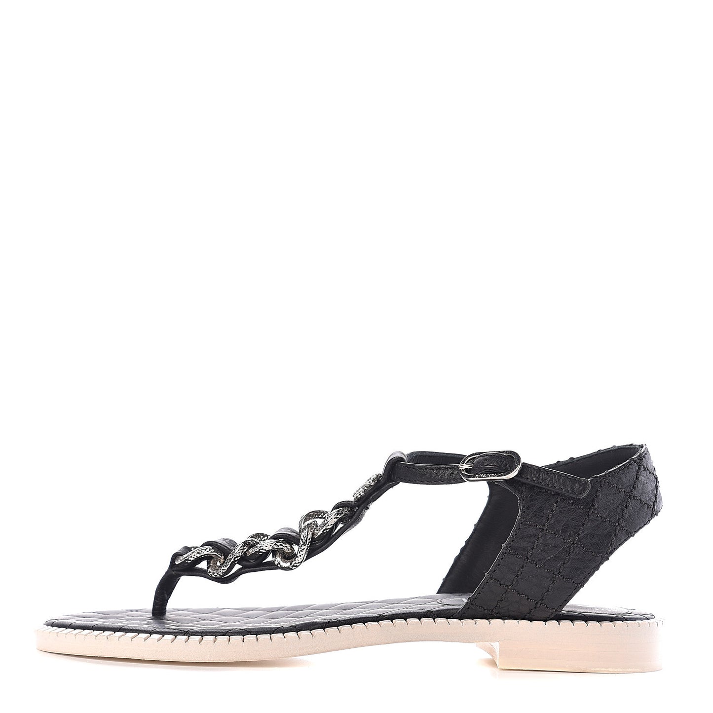 Souple Calfskin Chain CC Thong Sandals 37 Black White