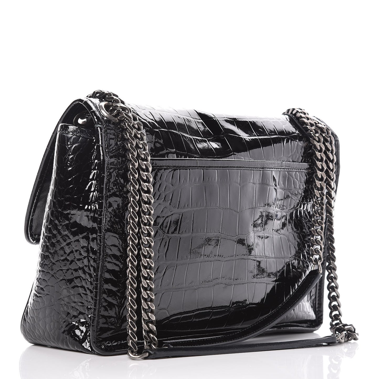 Patent Crocodile Embossed Lambskin Monogram Medium Niki Chain Satchel Black