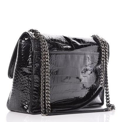 Saint Laurent Patent Crocodile Embossed Lambskin Monogram Medium Niki Chain Satchel Black 3 of 18