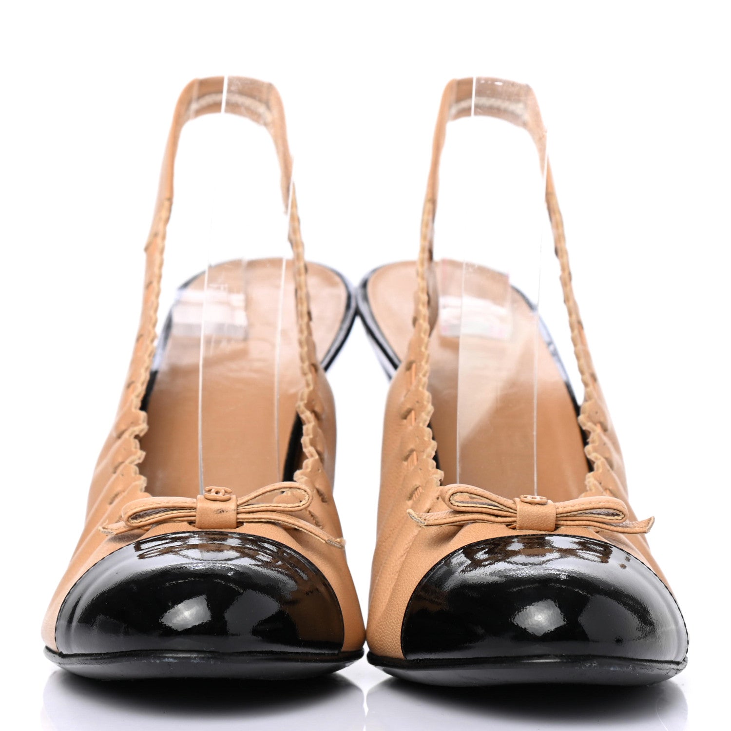 Chanel Cap Toe Woven Slingback Pumps 38 Beige Black 2 of 4