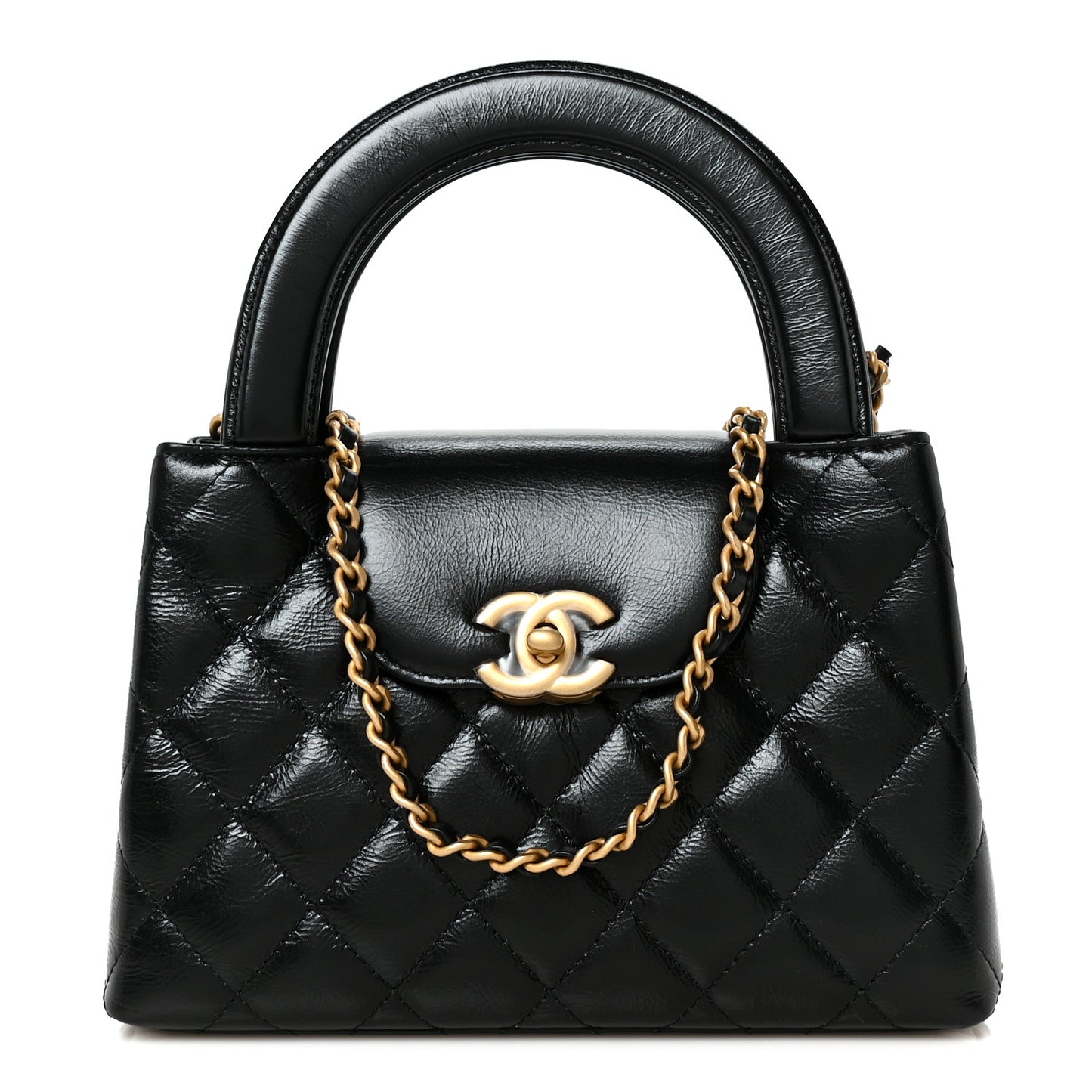 Shiny Aged Calfskin Quilted Nano Kelly Shopper Black
