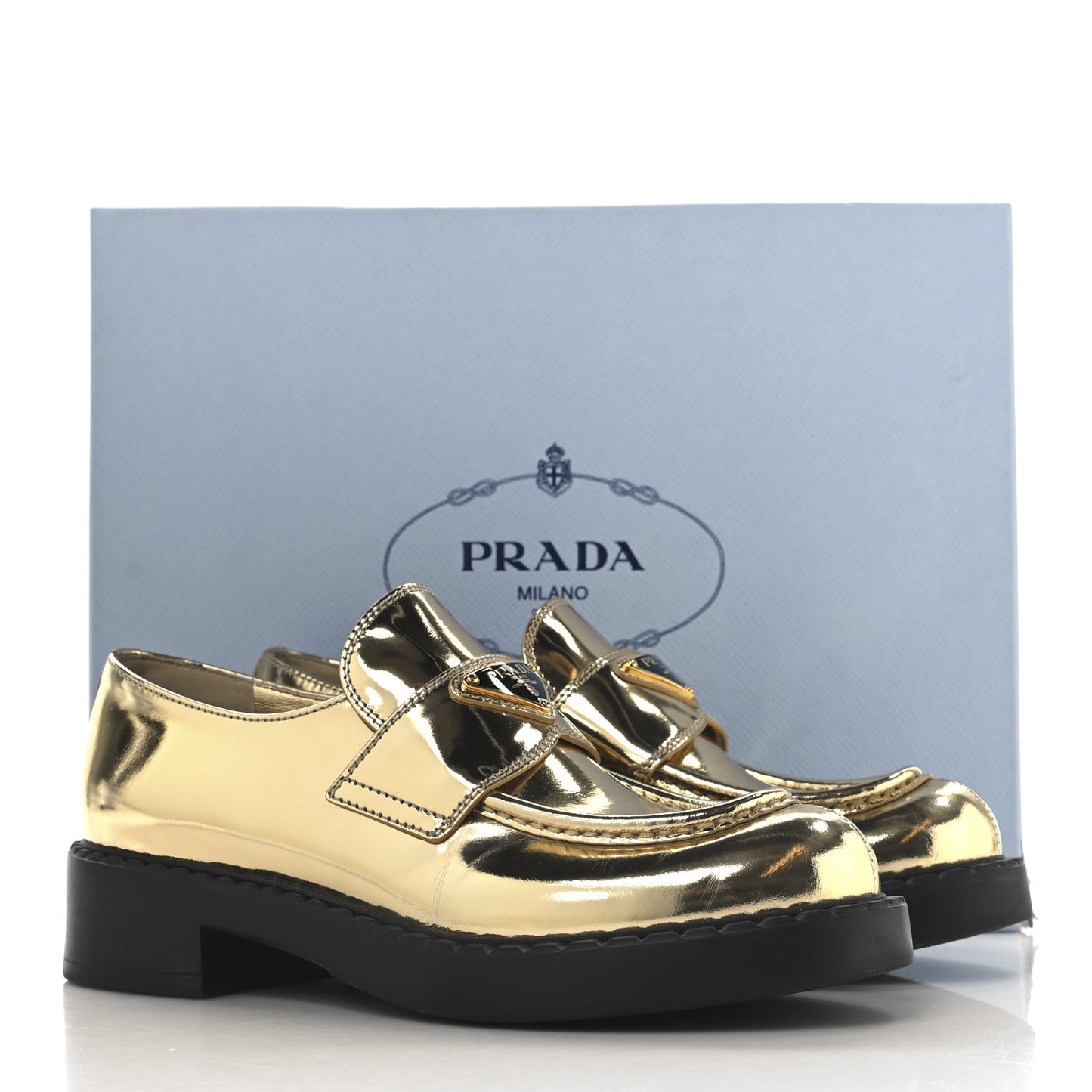 Metallic Brushed Calfskin Metal Triangle Logo 50mm Loafers 37.5 Platino