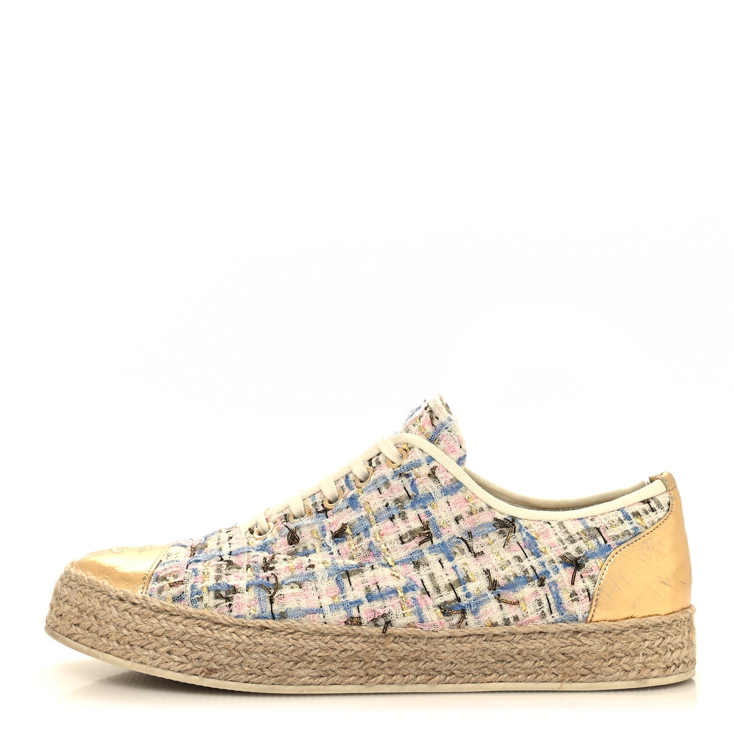 Tweed Laminated Lambskin Lace Up Espadrilles 39 Pink Blue Gold White