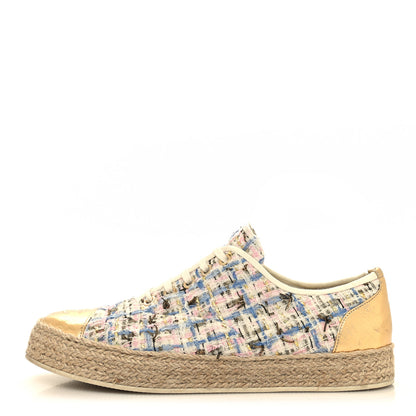 Chanel Tweed Laminated Lambskin Lace Up Espadrilles 39 Pink Blue Gold White 1 of 9