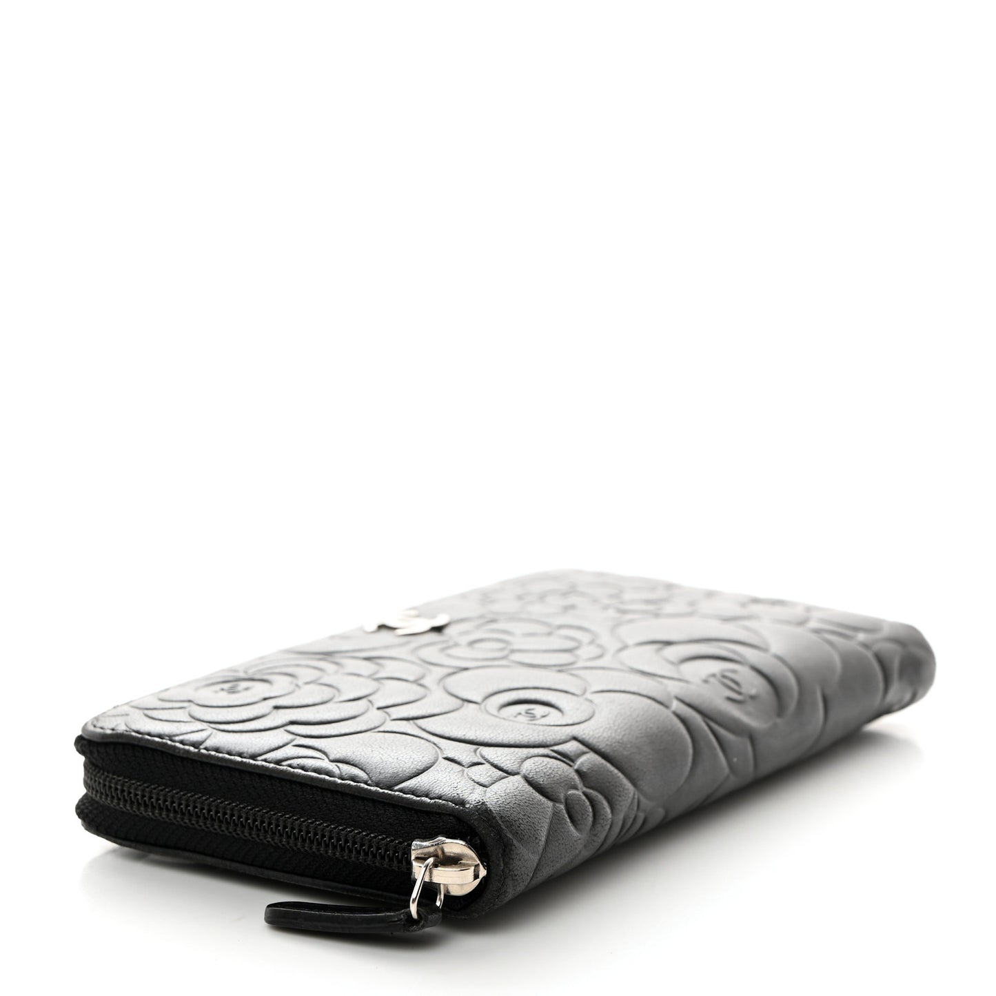 Lambskin Camellia Embossed Zip Around Gusset Wallet Black