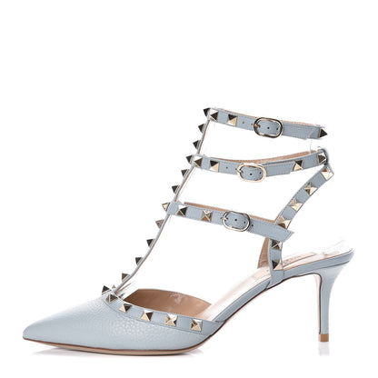 Valentino Garavani Pebbled Calfskin Rockstud Ankle Strap 65mm Pumps 38.5 Sky Sorbet 1 of 7